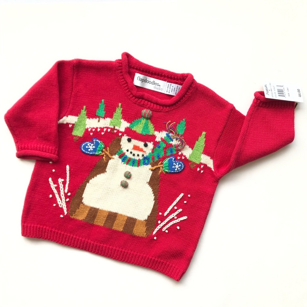 NWT Flapdoodles Red Embroidered Snowman Knit Winter Pullover Sweater 12 Months